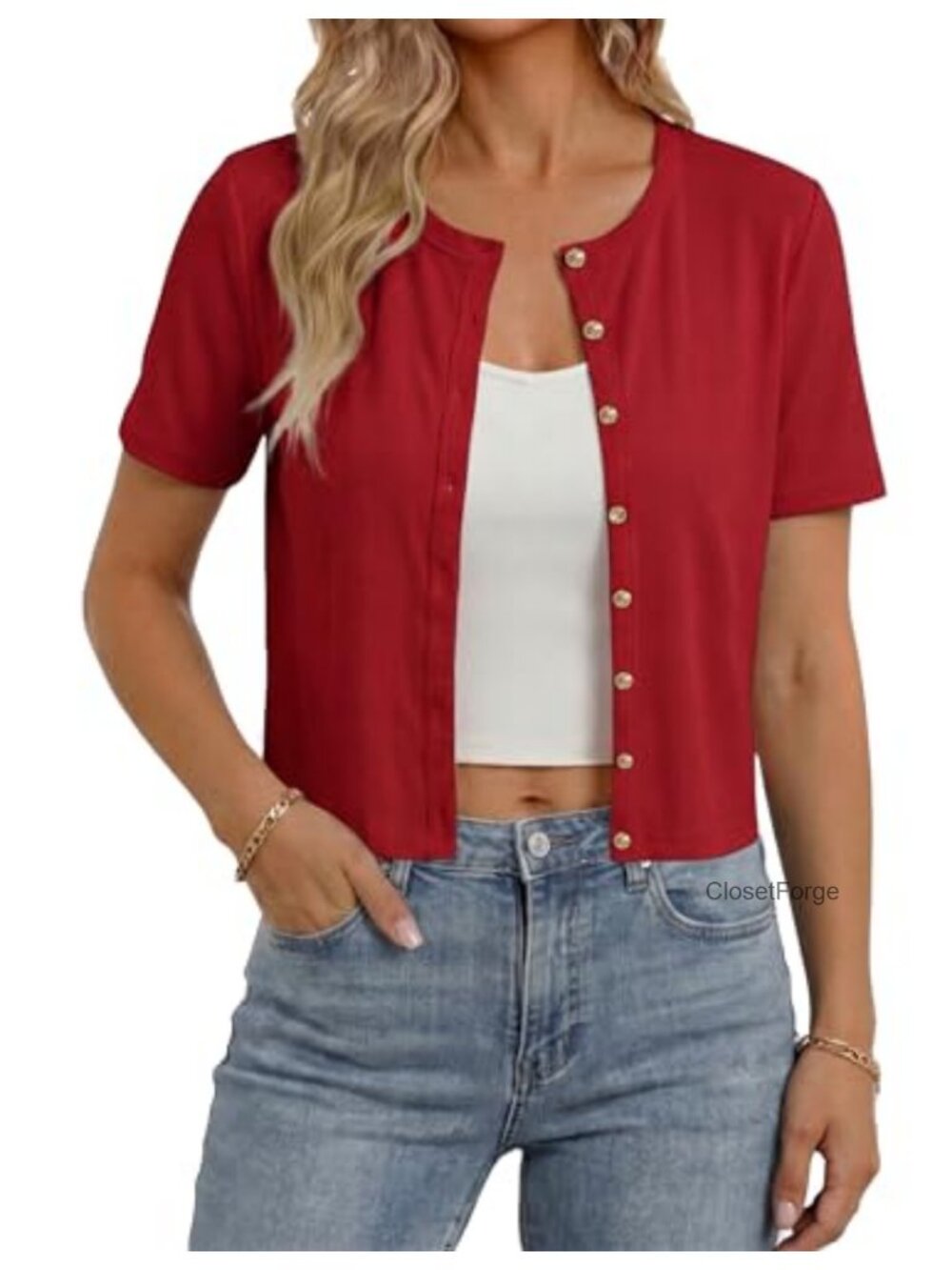 Women's Ribbed Knit Cropped Cardigan Short Sleeve Button Up Lightweight Y2K